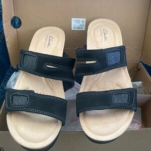 Clarks Black Leather Slide Sandals
